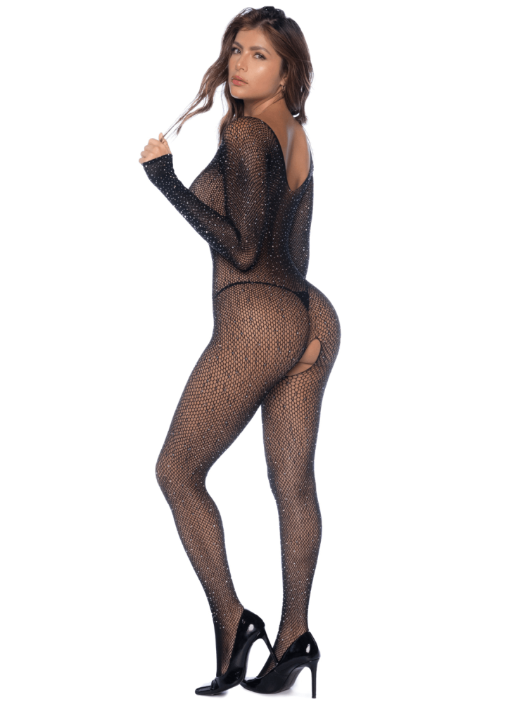 Combinaison noire en résille ornée de strass - MAL1131BKRH